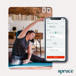 An image of a woman doing yoga in her home and a mockup of an iphone laid on top of that image. The iphone screen has the Spruce cleaning app open on it. The Spruce logo is in the bottom right corner.