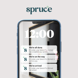 iPhone screen displaying notifications from the Spruce cleaning app on a beige background with the Spruce logo above.