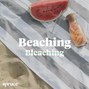 The word 'beaching' with 'bleaching' crossed out below on top of an image of a towel. The towel has a slice of watermelon on it, a water bottle and a cup. The towel is laying on sand.